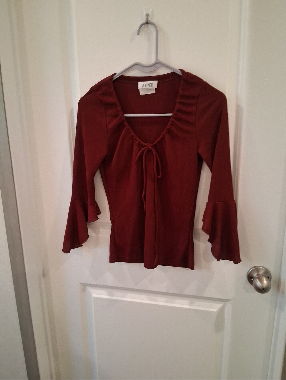 A. Byer Maroon Tie-Front Ruffle Sleeve Blouse Size Medium